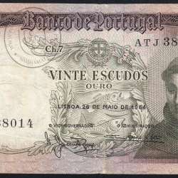 20 Escudos Banknote 1964 Saint Anthony, 20$00 26/05/1964 Plate: 7 - Bank of Portugal (Circulated), Pick 167