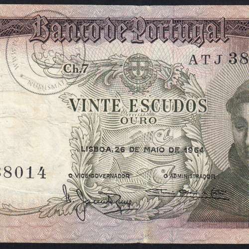 20 Escudos Banknote 1964 Saint Anthony, 20$00 26/05/1964 Plate: 7 - Bank of Portugal (Circulated), Pick 167