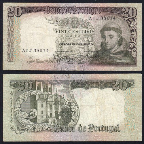 20 Escudos Banknote 1964 Saint Anthony, 20$00 26/05/1964 Plate: 7 - Bank of Portugal (Circulated), Pick 167