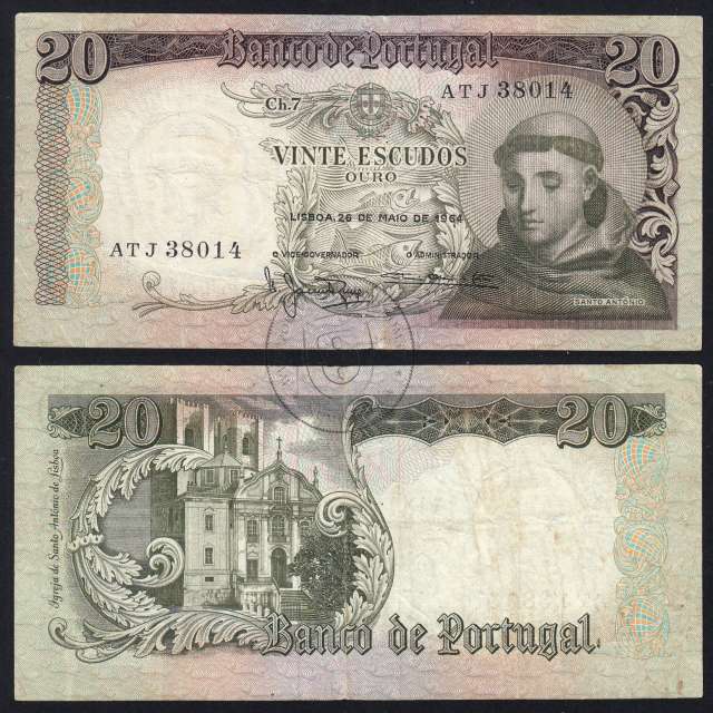 20 Escudos Banknote 1964 Saint Anthony, 20$00 26/05/1964 Plate: 7 - Bank of Portugal (Circulated), Pick 167