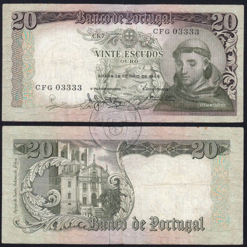 Nota de 20 Escudos 1964 Santo António, 20$00 26/05/1964 Chapa: 7 - Banco de Portugal (Circulada), Pick 167