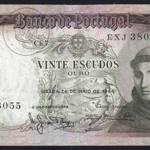 20 Escudos Banknote 1964 Saint Anthony, 20$00 26/05/1964 Plate: 7 - Bank of Portugal (Circulated), Pick 167
