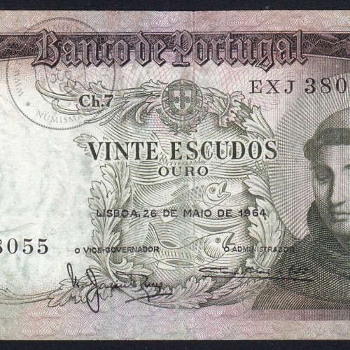 20 Escudos Banknote 1964 Saint Anthony, 20$00 26/05/1964 Plate: 7 - Bank of Portugal (Circulated), Pick 167