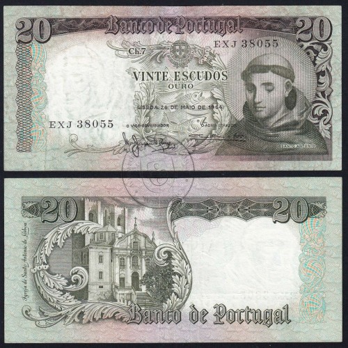 20 Escudos Banknote 1964 Saint Anthony, 20$00 26/05/1964 Plate: 7 - Bank of Portugal (Circulated), Pick 167