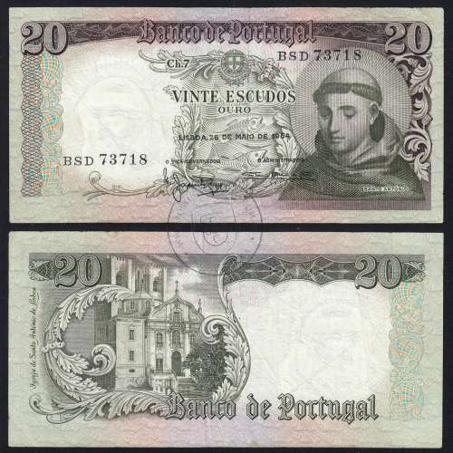 Nota de 20 Escudos 1964 Santo António, 20$00 26/05/1964 Chapa: 7 - Banco de Portugal (Circulada), Pick 167