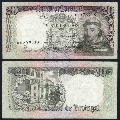 Nota de 20 Escudos 1964 Santo António, 20$00 26/05/1964 Chapa: 7 - Banco de Portugal (Circulada), Pick 167