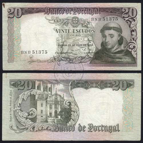 Nota de 20 Escudos 1964 Santo António, 20$00 26/05/1964 Chapa: 7 - Banco de Portugal (Circulada), Pick 167