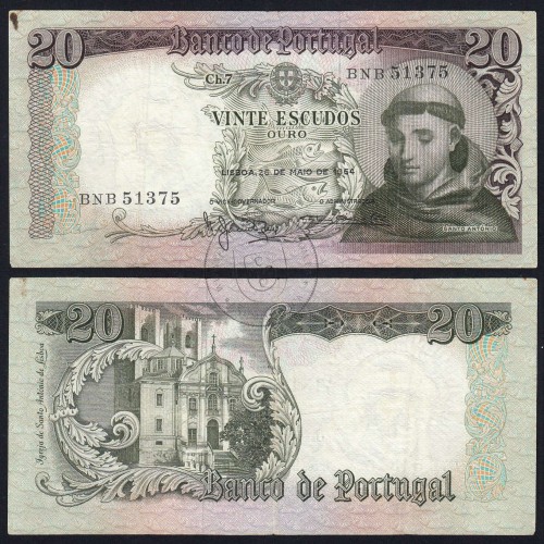 20 Escudos Banknote 1964 Saint Anthony, 20$00 26/05/1964 Plate: 7 - Bank of Portugal (Circulated), Pick 167