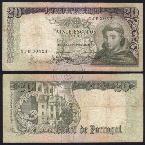 Nota de 20 Escudos 1964 Santo António, 20$00 26/05/1964 Chapa: 7 - Banco de Portugal (Circulada), Pick 167