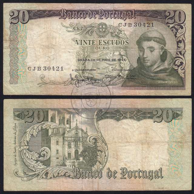 Nota de 20 Escudos 1964 Santo António, 20$00 26/05/1964 Chapa: 7 - Banco de Portugal (Circulada), Pick 167