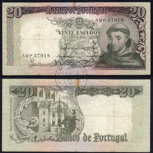 Nota de 20 Escudos 1964 Santo António, 20$00 26/05/1964 Chapa: 7 - Banco de Portugal (Circulada), Pick 167
