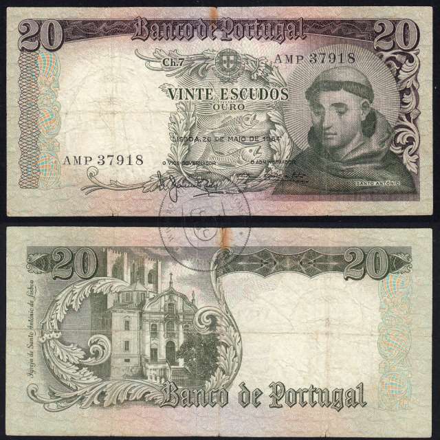 Nota de 20 Escudos 1964 Santo António, 20$00 26/05/1964 Chapa: 7 - Banco de Portugal (Circulada), Pick 167