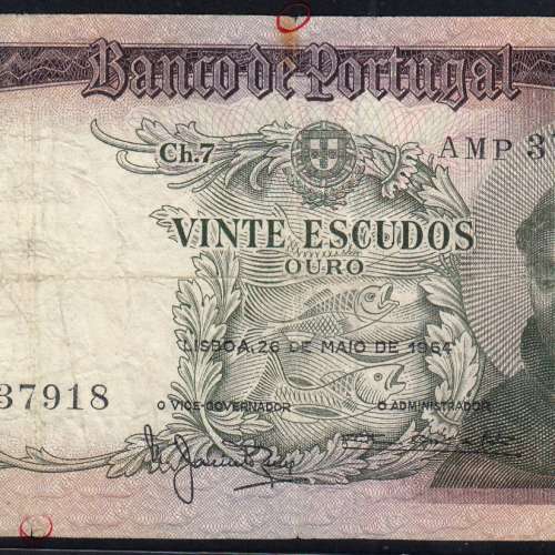 Nota de 20 Escudos 1964 Santo António, 20$00 26/05/1964 Chapa: 7 - Banco de Portugal (Circulada), Pick 167