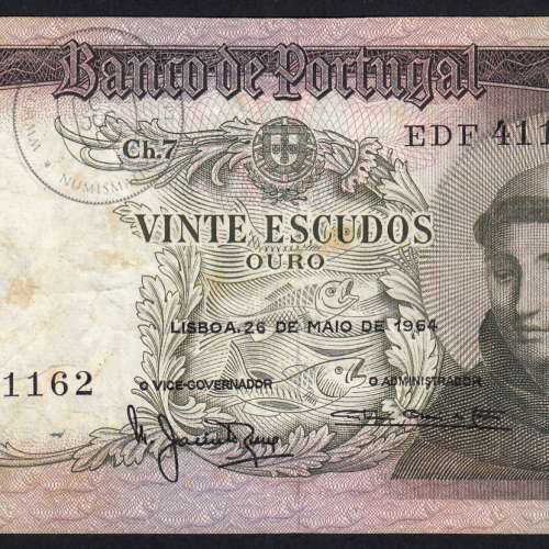 Nota de 20 Escudos 1964 Santo António, 20$00 26/05/1964 Chapa: 7 - Banco de Portugal (Circulada), Pick 167