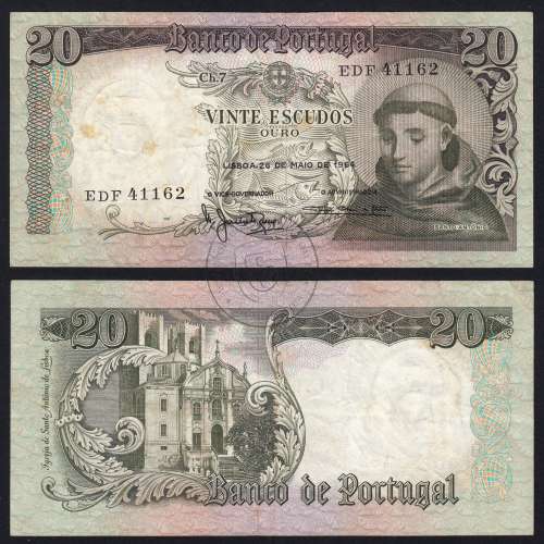 Nota de 20 Escudos 1964 Santo António, 20$00 26/05/1964 Chapa: 7 - Banco de Portugal (Circulada), Pick 167