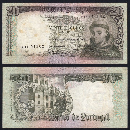 Nota de 20 Escudos 1964 Santo António, 20$00 26/05/1964 Chapa: 7 - Banco de Portugal (Circulada), Pick 167