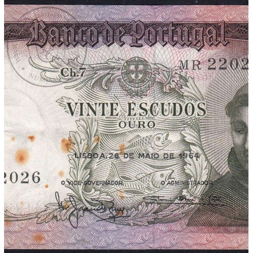 Nota de 20 Escudos 1964 Santo António, 20$00 26/05/1964 Chapa: 7 - Banco de Portugal (Circulada), Pick 167