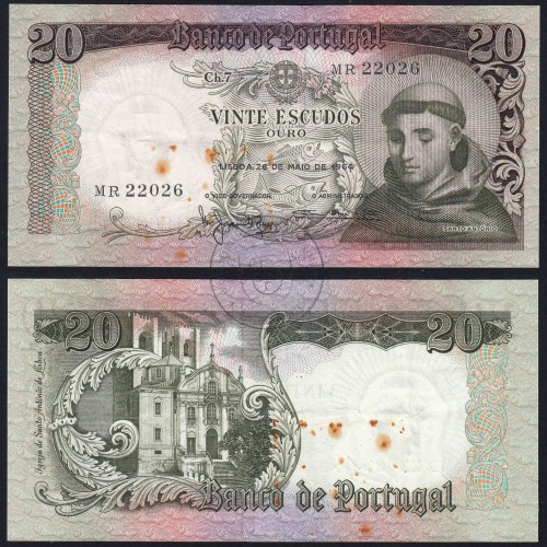 Nota de 20 Escudos 1964 Santo António, 20$00 26/05/1964 Chapa: 7 - Banco de Portugal (Circulada), Pick 167
