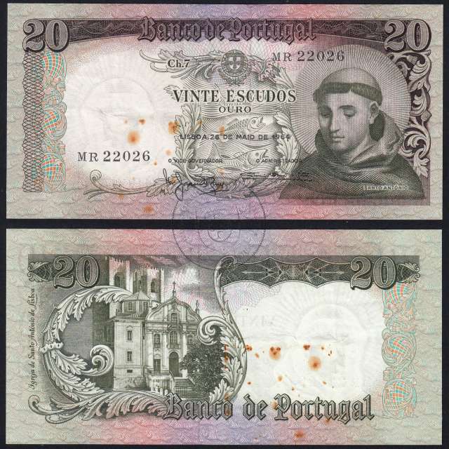 20 Escudos Banknote 1964 Saint Anthony, 20$00 26/05/1964 Plate: 7 - Bank of Portugal (Circulated), Pick 167