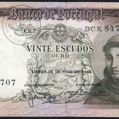 20 Escudos Banknote 1964 Saint Anthony, 20$00 26/05/1964 Plate: 7 - Bank of Portugal (Circulated), Pick 167