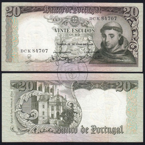 Nota de 20 Escudos 1964 Santo António, 20$00 26/05/1964 Chapa: 7 - Banco de Portugal (Circulada), Pick 167