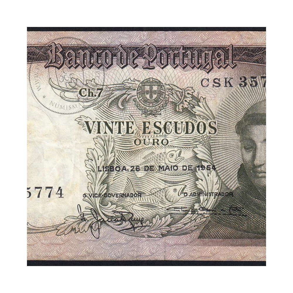20 Escudos Banknote 1964 Saint Anthony, 20$00 26/05/1964 Plate: 7 - Bank of Portugal (Circulated), Pick 167