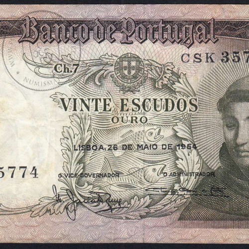 20 Escudos Banknote 1964 Saint Anthony, 20$00 26/05/1964 Plate: 7 - Bank of Portugal (Circulated), Pick 167