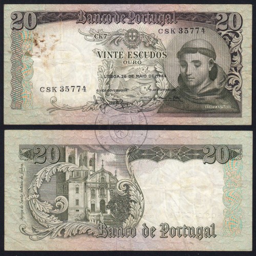 20 Escudos Banknote 1964 Saint Anthony, 20$00 26/05/1964 Plate: 7 - Bank of Portugal (Circulated), Pick 167
