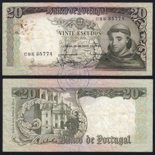 20 Escudos Banknote 1964 Saint Anthony, 20$00 26/05/1964 Plate: 7 - Bank of Portugal (Circulated), Pick 167