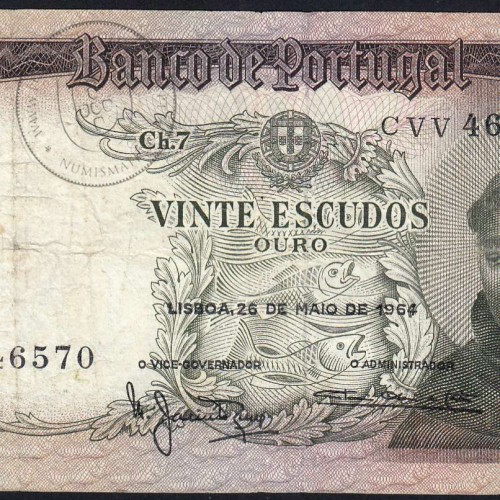 20 Escudos Banknote 1964 Saint Anthony, 20$00 26/05/1964 Plate: 7 - Bank of Portugal (Circulated), Pick 167