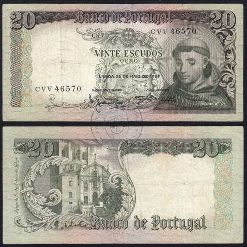 20 Escudos Banknote 1964 Saint Anthony, 20$00 26/05/1964 Plate: 7 - Bank of Portugal (Circulated), Pick 167