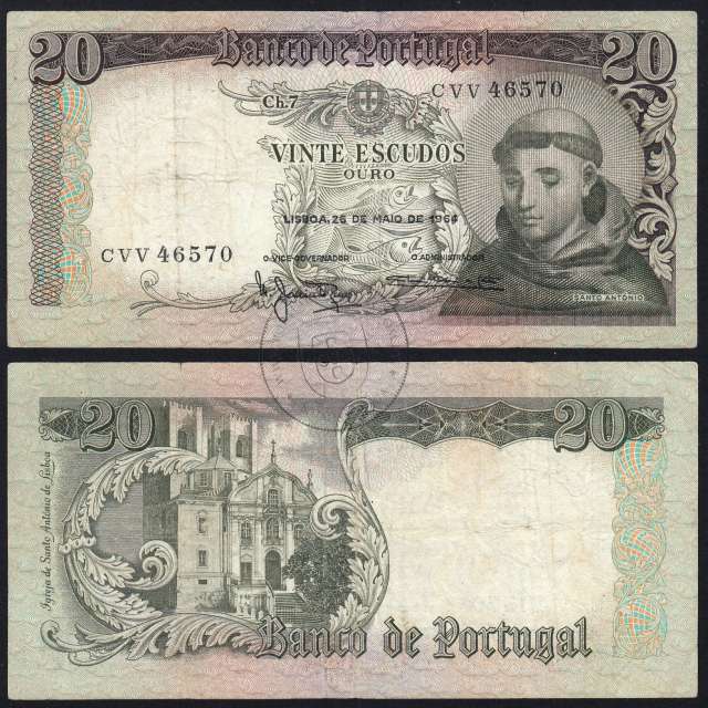 Nota de 20 Escudos 1964 Santo António, 20$00 26/05/1964 Chapa: 7 - Banco de Portugal (Circulada), Pick 167