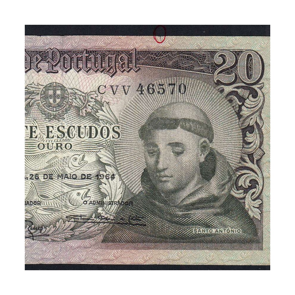 20 Escudos Banknote 1964 Saint Anthony, 20$00 26/05/1964 Plate: 7 - Bank of Portugal (Circulated), Pick 167