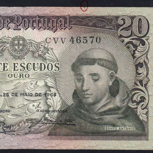 Nota de 20 Escudos 1964 Santo António, 20$00 26/05/1964 Chapa: 7 - Banco de Portugal (Circulada), Pick 167