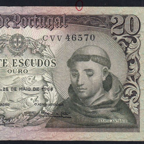 20 Escudos Banknote 1964 Saint Anthony, 20$00 26/05/1964 Plate: 7 - Bank of Portugal (Circulated), Pick 167