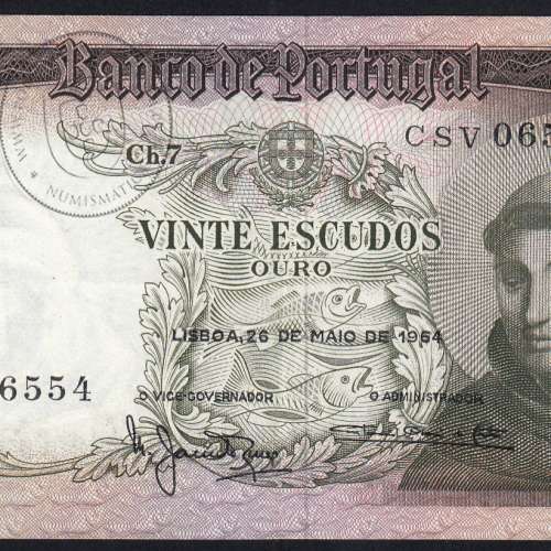 Nota de 20 Escudos 1964 Santo António, 20$00 26/05/1964 Chapa: 7 - Banco de Portugal (Circulada), Pick 167