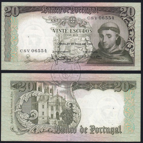 Nota de 20 Escudos 1964 Santo António, 20$00 26/05/1964 Chapa: 7 - Banco de Portugal (Circulada), Pick 167