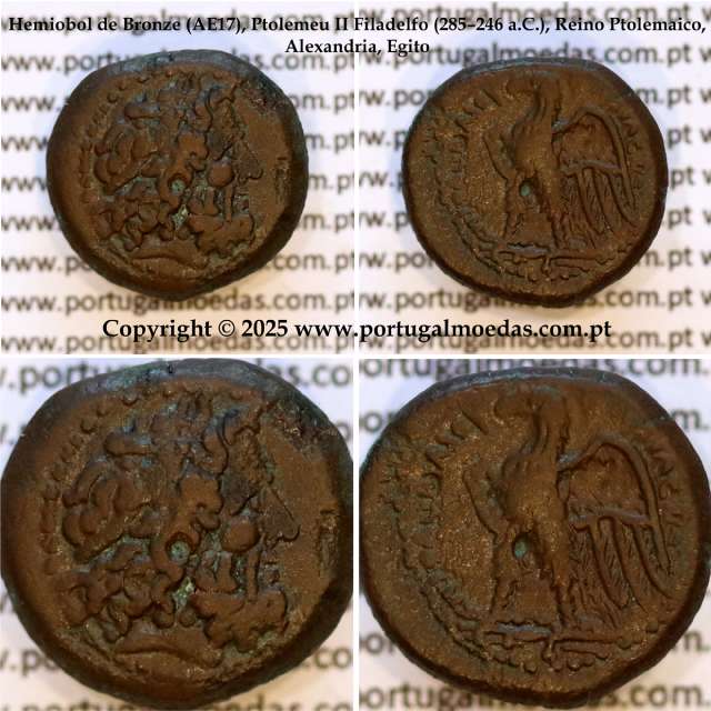 Hemiobol de Bronze (AE17), Ptolemeu II Filadelfo (285–246 a.C.), Reino Ptolemaico, Alexandria, Egito, ΠTOΛΕΜΑΙΟΥ ΒΑΣΙΛΕΩΣ