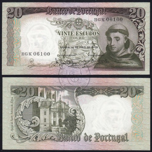 20 Escudos Banknote 1964 Saint Anthony, 20$00 26/05/1964 Plate: 7 - Bank of Portugal (Little Circulated), Pick 167