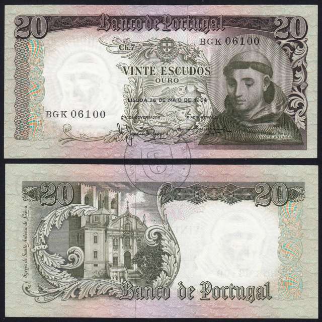 20 Escudos Banknote 1964 Saint Anthony, 20$00 26/05/1964 Plate: 7 - Bank of Portugal (Little Circulated), Pick 167