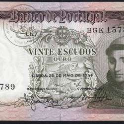 Nota de 20 Escudos 1964 Santo António, 20$00 26/05/1964 Chapa: 7 - Banco de Portugal (Pouco Circulada), Pick 167