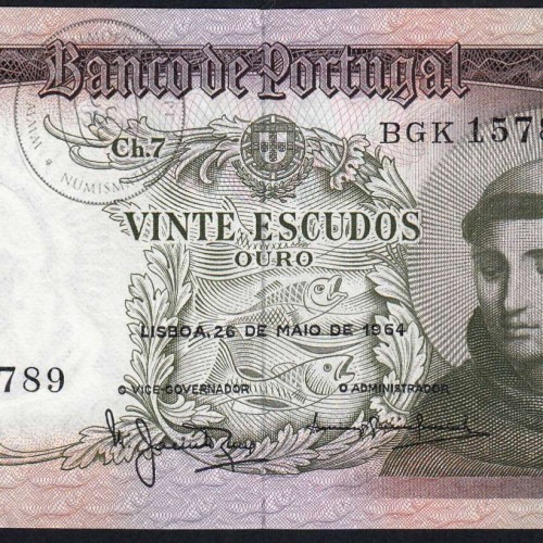 Nota de 20 Escudos 1964 Santo António, 20$00 26/05/1964 Chapa: 7 - Banco de Portugal (Pouco Circulada), Pick 167