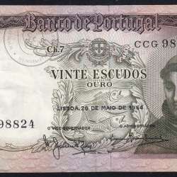 Nota de 20 Escudos 1964 Santo António, 20$00 26/05/1964 Chapa: 7 - Banco de Portugal (Pouco Circulada), Pick 167