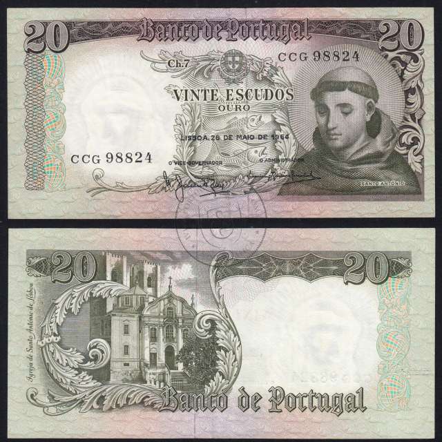 20 Escudos Banknote 1964 Saint Anthony, 20$00 26/05/1964 Plate: 7 - Bank of Portugal (Little Circulated), Pick 167