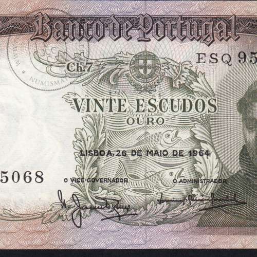 Nota de 20 Escudos 1964 Santo António, 20$00 26/05/1964 Chapa: 7 - Banco de Portugal (Pouco Circulada), Pick 167