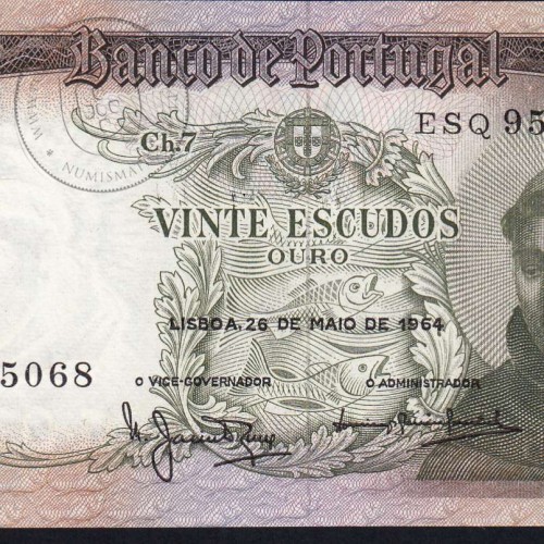 Nota de 20 Escudos 1964 Santo António, 20$00 26/05/1964 Chapa: 7 - Banco de Portugal (Pouco Circulada), Pick 167