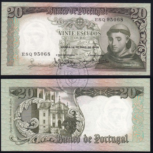 Nota de 20 Escudos 1964 Santo António, 20$00 26/05/1964 Chapa: 7 - Banco de Portugal (Pouco Circulada), Pick 167