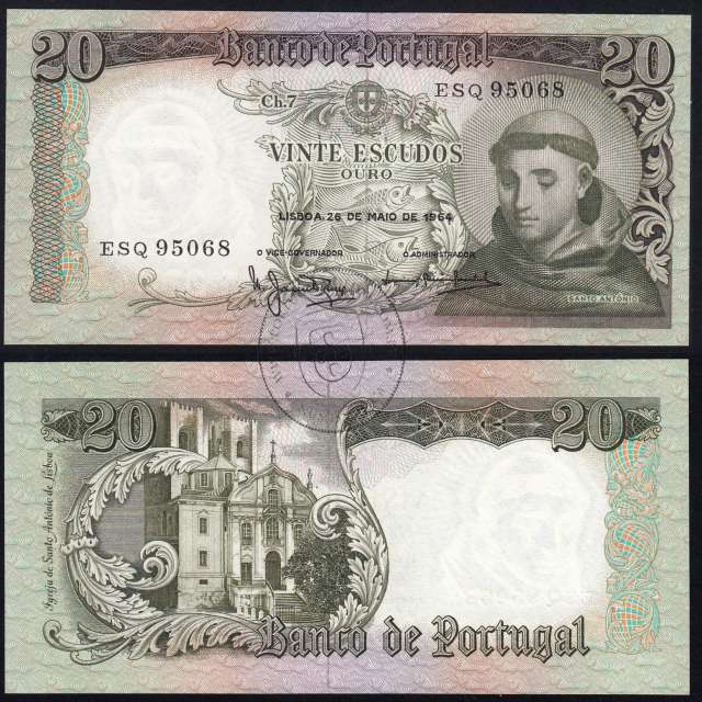 20 Escudos Banknote 1964 Saint Anthony, 20$00 26/05/1964 Plate: 7 - Bank of Portugal (Little Circulated), Pick 167