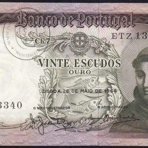 Nota de 20 Escudos 1964 Santo António, 20$00 26/05/1964 Chapa: 7 - Banco de Portugal (Pouco Circulada), Pick 167