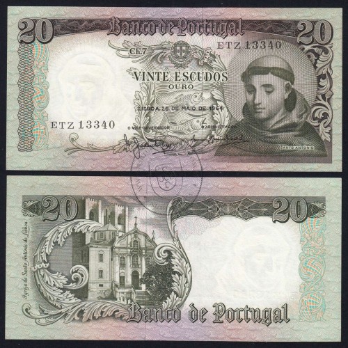 Nota de 20 Escudos 1964 Santo António, 20$00 26/05/1964 Chapa: 7 - Banco de Portugal (Pouco Circulada), Pick 167
